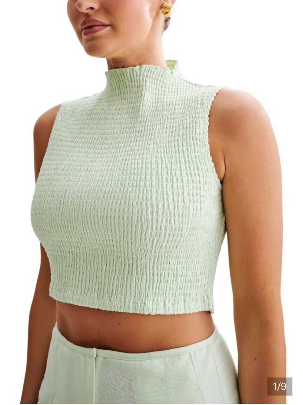 Meshki Smocked High-Neck Crop Top in Mint Green New With Tags